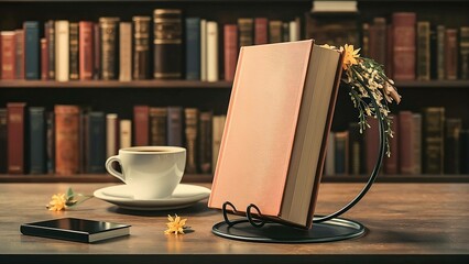A table setting with a book and a cup of coffee