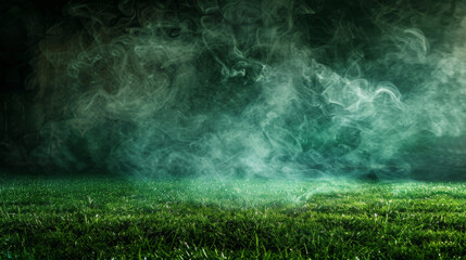 A field of green grass with a thick cloud of smoke in the background