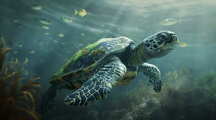 Fototapeta premium A turtle swimming in the ocean with fish swimming around it