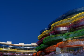view of the landmark modern architecture Miramar residence and apartments in downtown Eivissa