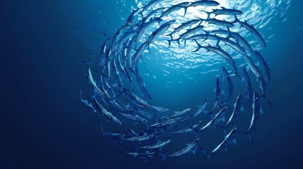 A group of fish swimming in a circle in the ocean