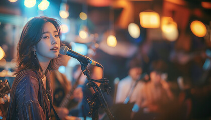 A young Korean female singer passionately performs live, her face illuminated by stage lights, captivating the audience at a music venue.