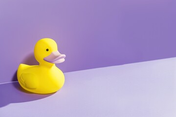 A cheerful yellow rubber duck positioned on a plain purple surface, highlighted by soft lighting.