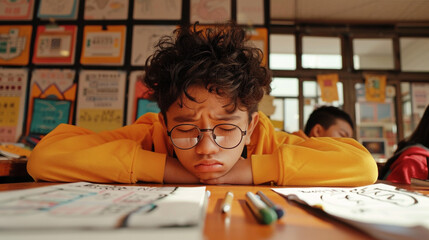 High school students feeling the pressure during exams, illustrating exhaustion or boredom during class.