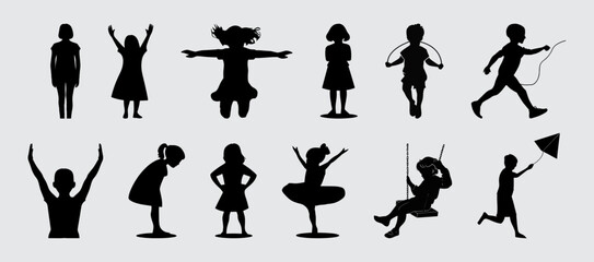 Big set of kids playing vector silhouettes, Generative AI