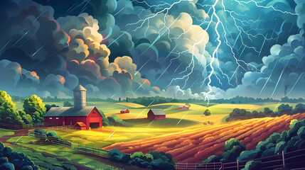 Vivid Lightning Over Farmland: Stormy Isometric Scene in Flat Design Icon Illustration
