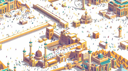 Mecca Pilgrimage Tiles Concept: Flat Design Icons Depicting Spiritual Ambiance of Eid Al Adha with Isometric Illustration of Pilgrimage Journey.