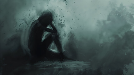 Obraz premium Depressed person silhouette in abstract dark drawing generative AI