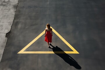 Aerial view of a woman in a vibrant red dress within a yellow triangle on asphalt