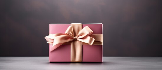 A pink gift box with a ribbon bow is open on a gray background creating a visually appealing copy space image for showcasing jewelry or a bracelet