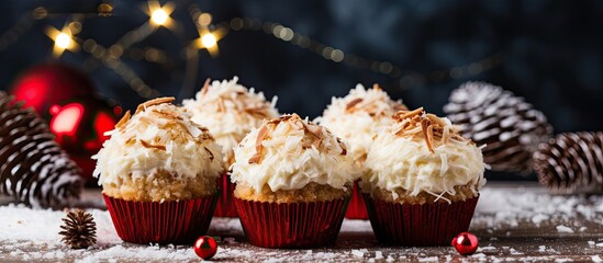 A festive dessert for Christmas and the winter season featuring coconut muffins with creamy white frosting coconut bliss balls and shredded coconut on top It is adorned with a red ribbon and sprigs o