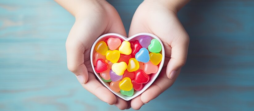 Child hands holding sweet colorful heart shaped candies creating an adorable copy space image