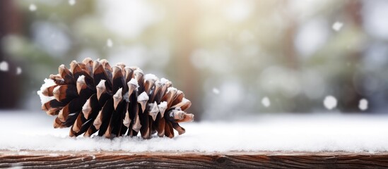 Close up of a pine cone on a wooden table with snow falling in the background copy space image - Powered by Adobe