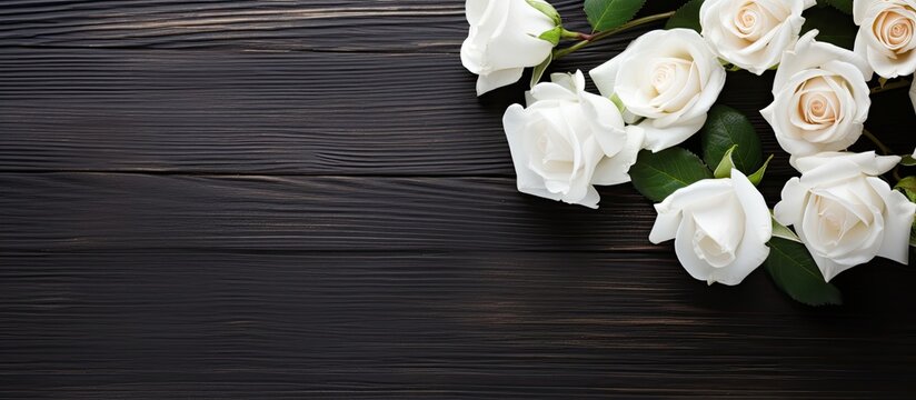 A close up image of delicate white roses on a black wooden background A lovely bouquet of light pink flowers on dark gray wood perfect for a birthday greeting card Valentine s Day or as a floral bord