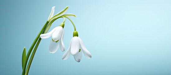 A close up of a white snowdrop flower with copy space available in the image