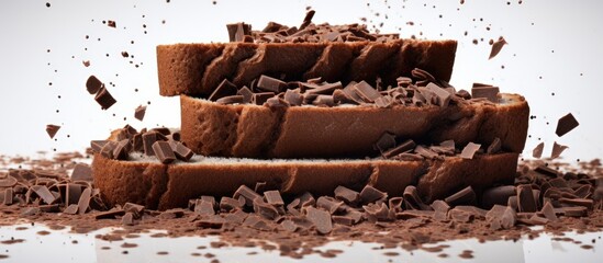 A close up shot of chocolate sprinkles and chocolate chunks on sliced bread providing ample blank space for adding text or graphics