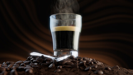 3D rendering - Hot glass coffee cup on a bed of ground coffee and coffee beans with spoon view from below