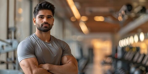Indian man personal trainer at gym ready to coach fitness workout. Concept Fitness Training, Gym Workouts, Personal Trainer, Healthy Lifestyle, Wellness Coaching