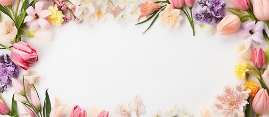 Fototapeta premium A composition of spring flowers arranged in a frame with space for adding written content in the image. Copyspace image