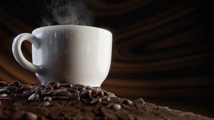3D rendering - Hot ceramic coffee cup on a bed of ground coffee and coffee beans with copy space