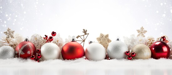 Snow covered Christmas card featuring various decorative baubles and candies surrounded by empty space for text or additional images - Powered by Adobe