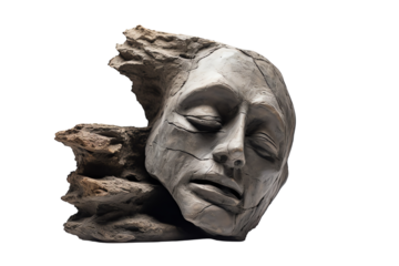 statue of a carved human face on a white background