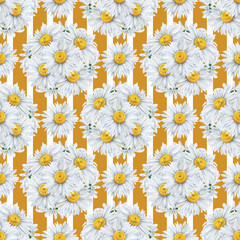 Seamless pattern of watercolour chamomile flowers bouquet round. Hand drawn illustration. Botanical hand painted floral elements on striped ocher background. For print decoration, fabric, wrapping 