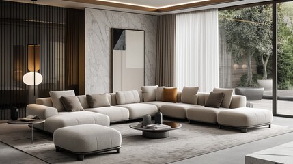 Large white sectional sofa in modern living room, Italian minimalist design. Light luxury sofa
