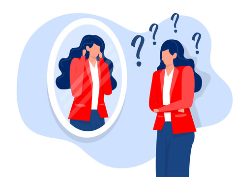 imposter syndrome, businesswoman looking shadow himself through mirror for Anxiety and lack of self confidence at work vector