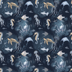 Undersea seamless Pattern with underwater animals and fishes on dark black blue background. Hand drawn watercolor illustration with turtle, seahorse and octopus for wrapping paper or textile design.