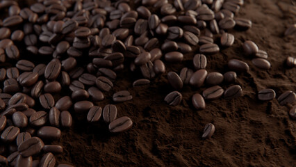 3D rendering - Background hot dark coffee beans just roasted on a ground coffee bed