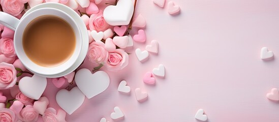 A copy space image featuring a pink desktop concept adorned with heart shaped marshmallows pink roses and a pink colored hot drink