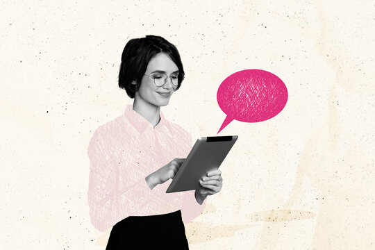 Trend artwork sketch image photo collage of speech bubble textbox mind cloud black white young lady hand hold epad chat text type