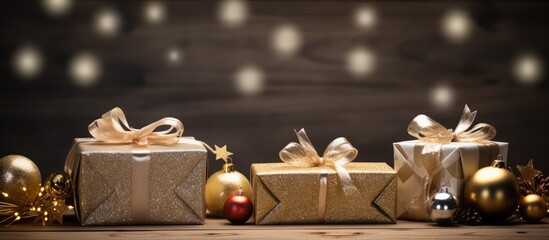 A festive Christmas setup showcasing beautifully wrapped presents placed on a rustic wooden board with ample copy space for an image