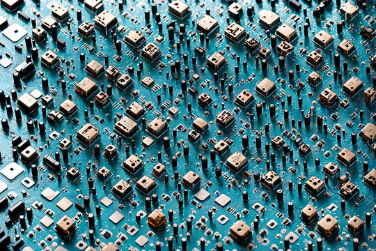 top view on an electronic city concept, 3d illustration of a city made of electronic components, abstract city landscape