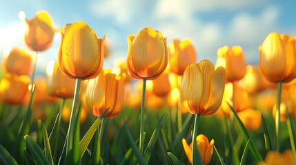 Fototapeta premium Close-up of a field of yellow tulips in full bloom with a bright blue sky in the background.