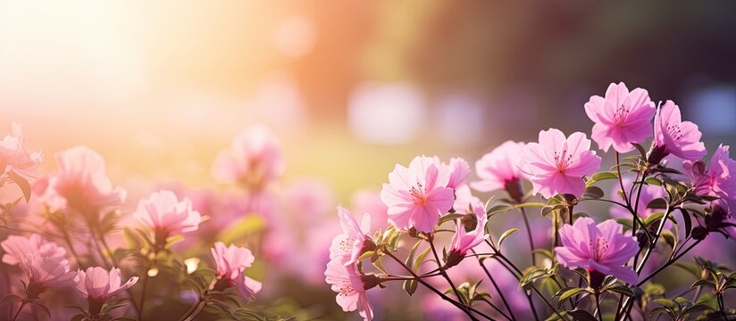 Hello summer Take a look at this stunning image of beautiful pink garden flowers in a serene garden setting The vibrant colors and delicate blossoms create a captivating copy space image