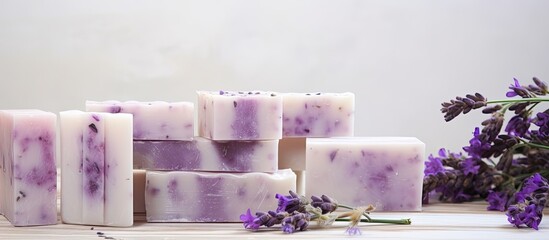 Homemade blocks of soap with a marble pattern adorned by purple flowers placed on a white wooden surface with ample copy space for an image