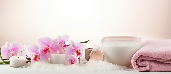 Naklejka na ściany i meble A white background hosts a top view of various spa accessories such as candles towels salt and orchids These elements bring forth images of spa salons therapeutic treatments and indulgent beauty ritu