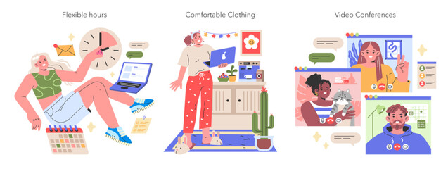 Working from Home illustration A triptych of at-home professionals enjoying flexible hours, casual attire, and virtual meetings The new workday redefined Vector illustration