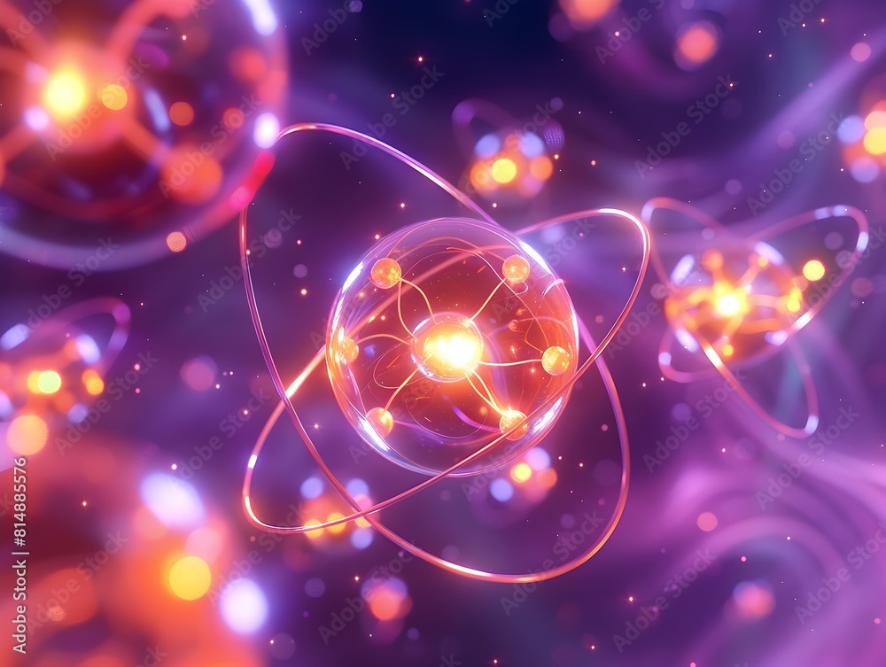 Poster visualization of nitrogen atom s subatomic structure with glowing electron orbitals and nucleus
