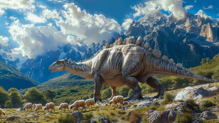 Obraz premium Massive dinosaur walking among sheep in a lush mountain valley under a cloudy blue sky