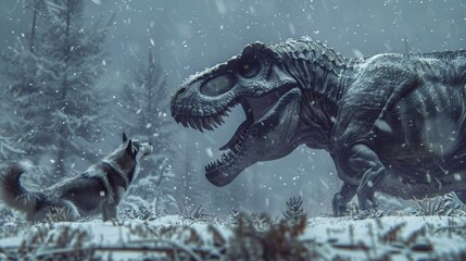 Obraz premium A dinosaur in confrontation with a husky in a snowy forest setting with falling snow
