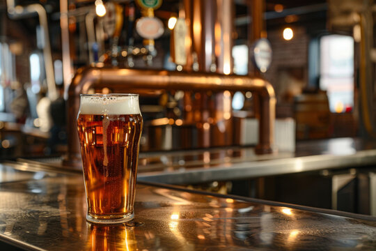 Full glass of amber beer with frothy head, displayed prominently on a bar with gleaming brewery equipment in the background