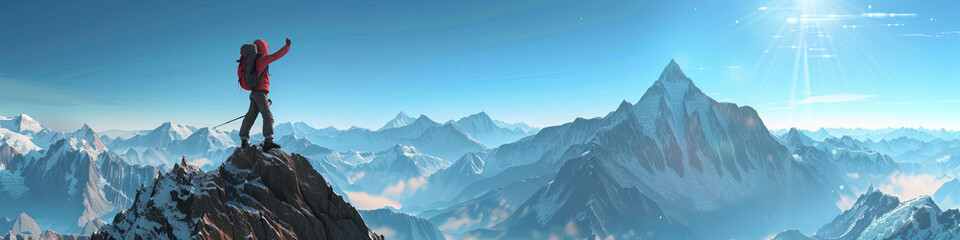 Mountain Serenade: A hiker on a mountain peak, eyes closed, arms raised, listening to the peaceful sounds of nature.