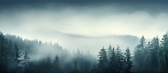 Fototapeta premium Misty forest with pine trees creating a scenic copy space image