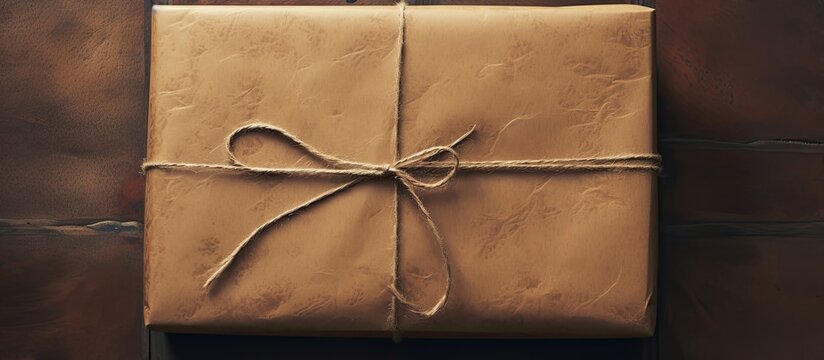 A parcel wrapped in vintage effect paper elegantly tied with string is ready for a copy space image