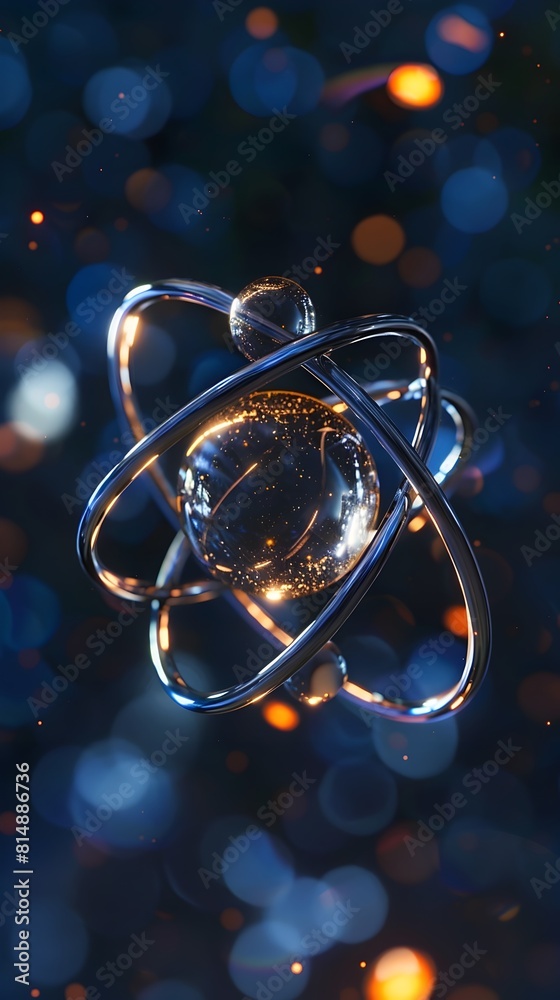 Poster visualization of a hydrogen atom s atomic structure with glowing electron orbits