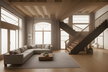Modern Arafed Living Room with Couch, Coffee Table, and Stairs