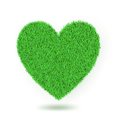 Heart shape with realistic lawn grass texture, isolated on white background. Vector spring or summer design element. Ecology concept